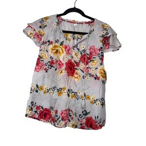 Old Navy Womens Floral Print V Neck Tassel Accent Short Sleeve Tunic Top Size S